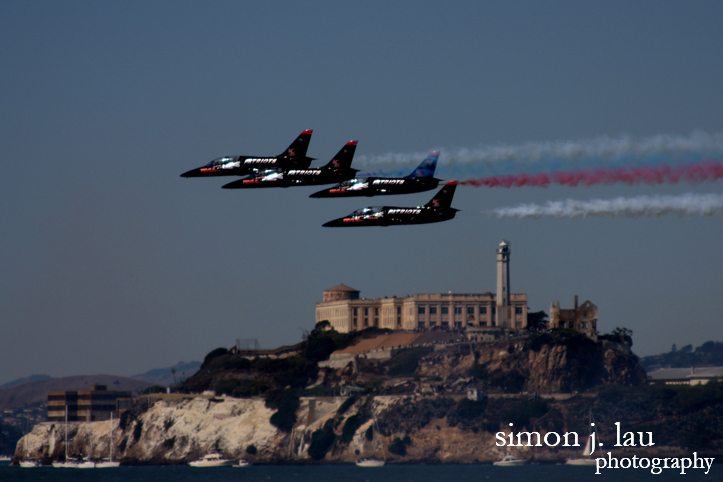 blue angels flying over alcatraz during fleet week